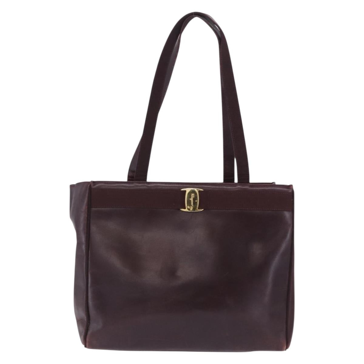 Salvatore Ferragamo Tote Bag Leather Wine Red Gold Auth bs37015
