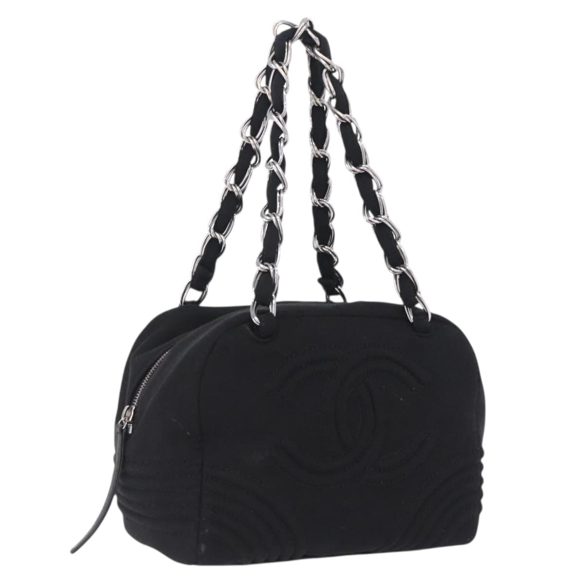 CHANEL Deca COCO Mark Chain Bag Cotton jersey Black Silver CC Auth bs37019