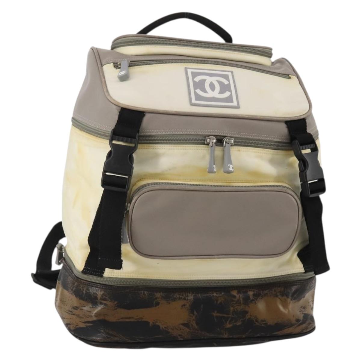 CHANEL Sports Line COCO Mark Backpack Nylon Leather Beige Silver CC Auth bs37020