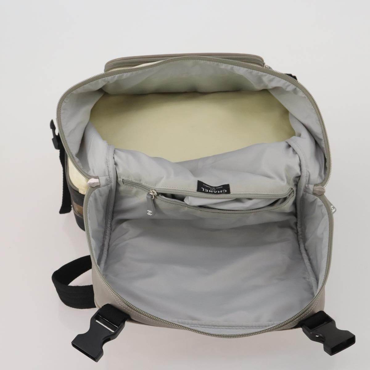 CHANEL Sports Line COCO Mark Backpack Nylon Leather Beige Silver CC Auth bs37020