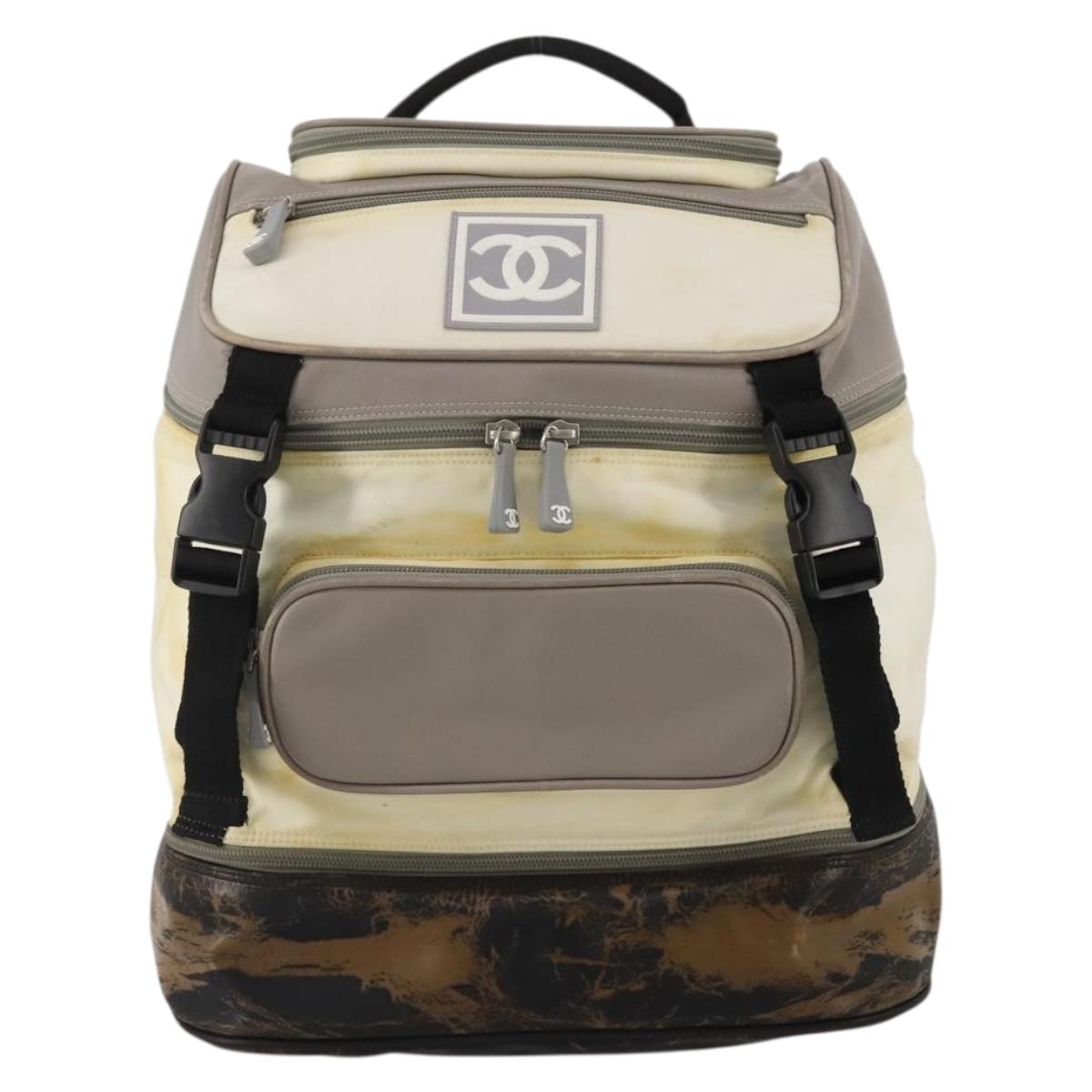 CHANEL Sports Line COCO Mark Backpack Nylon Leather Beige Silver CC Auth bs37020