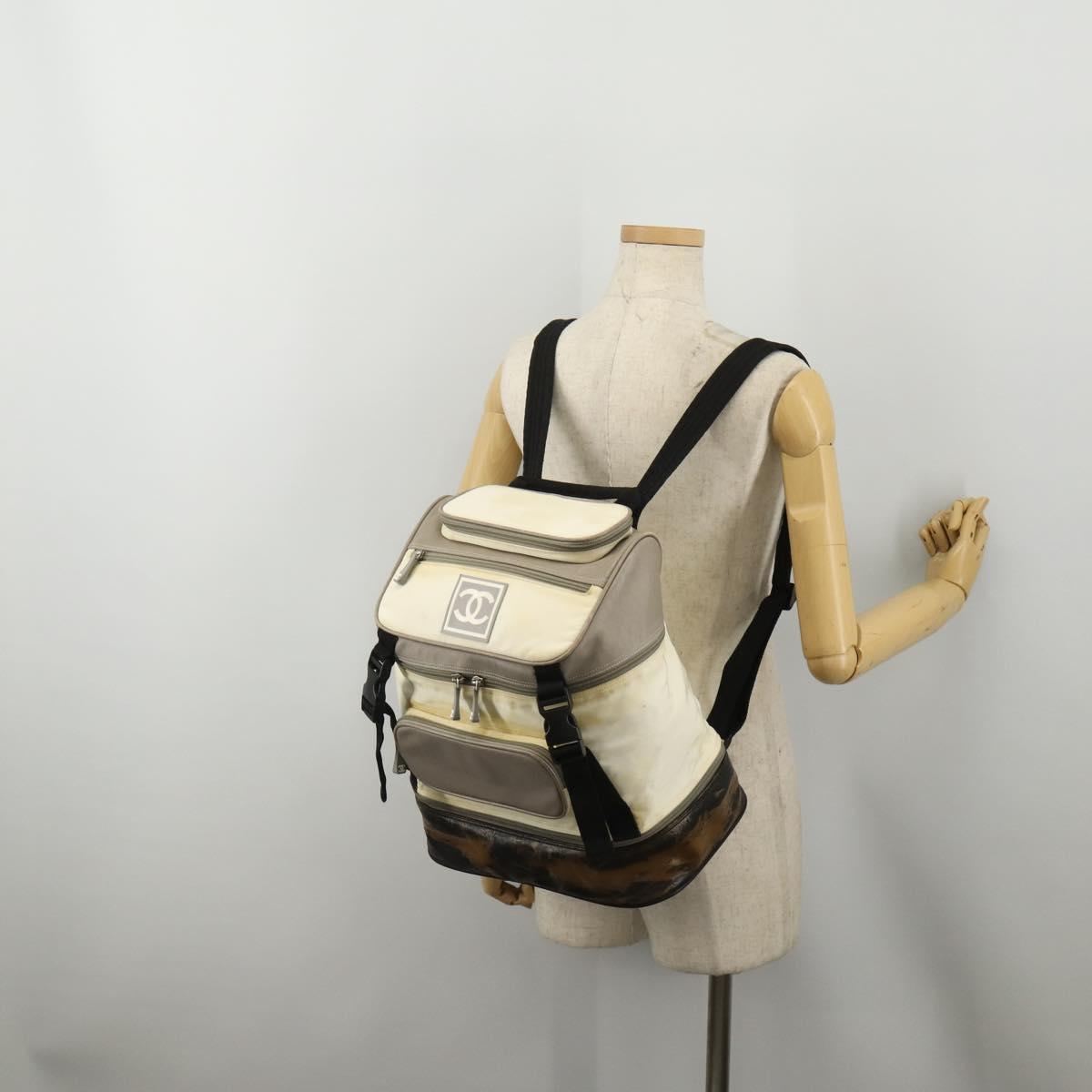 CHANEL Sports Line COCO Mark Backpack Nylon Leather Beige Silver CC Auth bs37020
