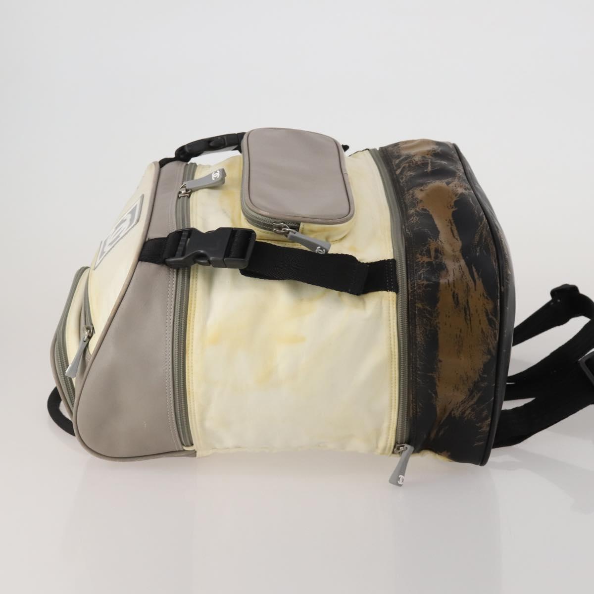 CHANEL Sports Line COCO Mark Backpack Nylon Leather Beige Silver CC Auth bs37020