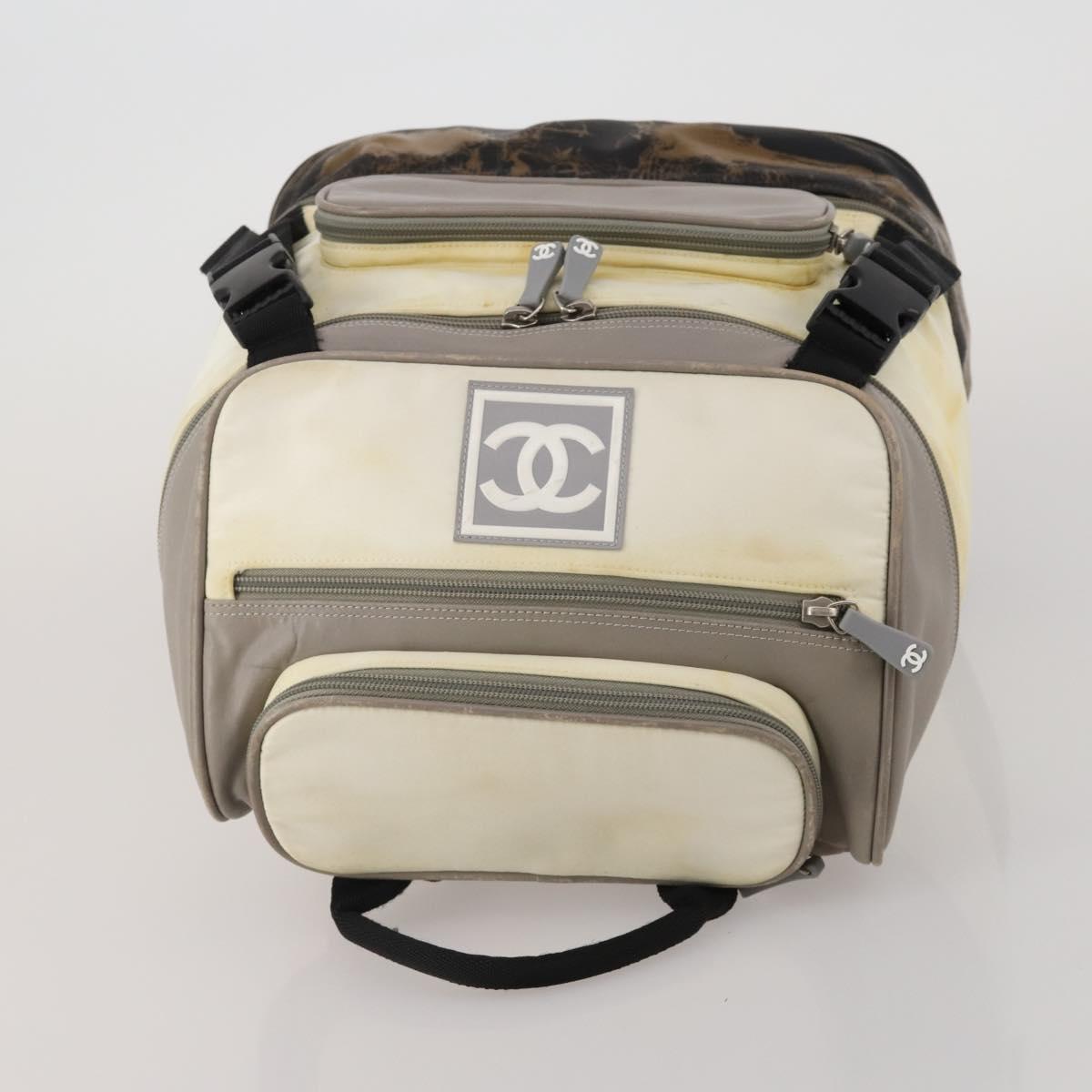 CHANEL Sports Line COCO Mark Backpack Nylon Leather Beige Silver CC Auth bs37020