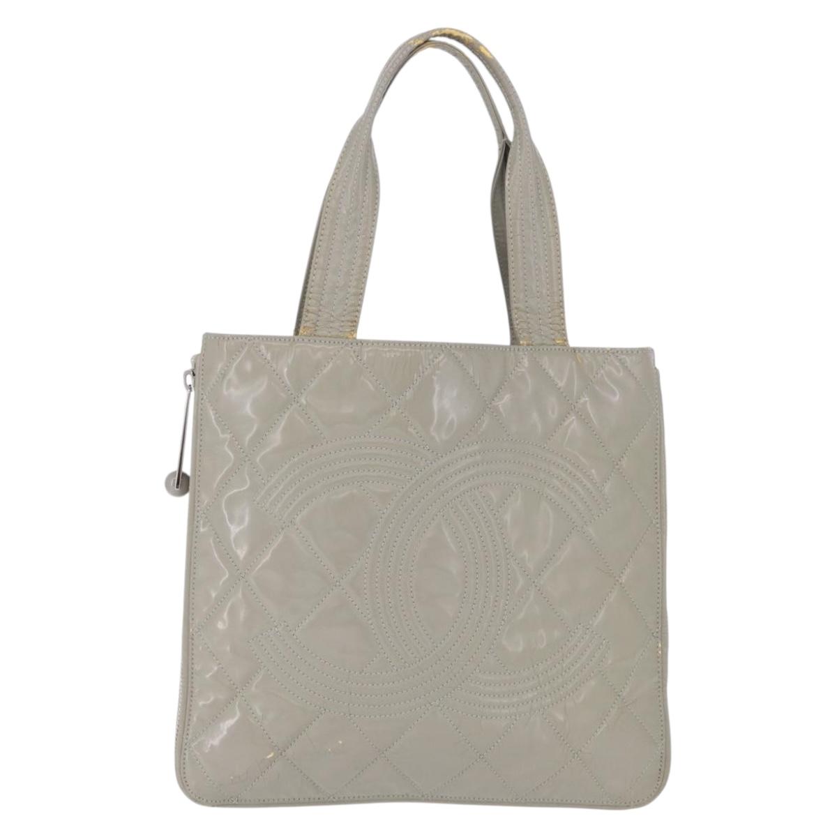 CHANEL Matelasse COCO Mark Tote Bag Patent leather Beige Silver CC Auth bs37021