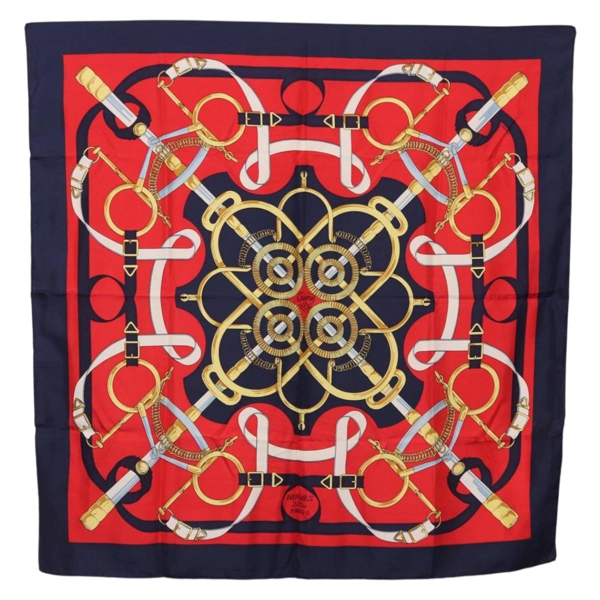 HERMES Carre 90 Scarf ”Eperon d' Or” Silk Navy Auth bs37045