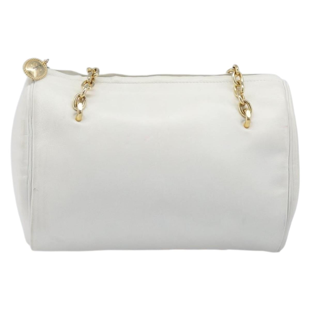 Christian Dior Chain Shoulder Bag Leather White Gold Tone Auth bs37056A
