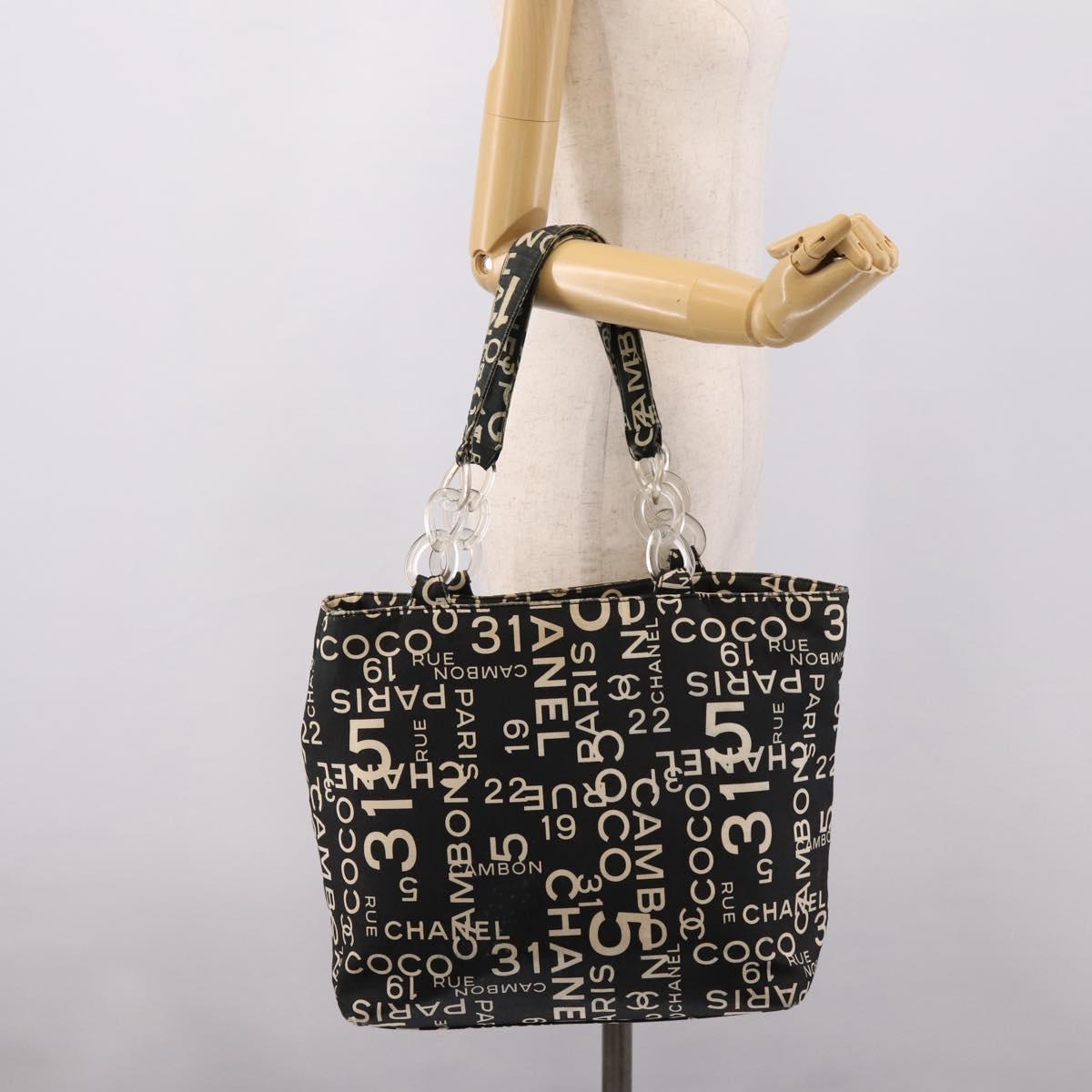 CHANEL Bysy Line Tote Bag Canvas Black White CC Auth bs37061