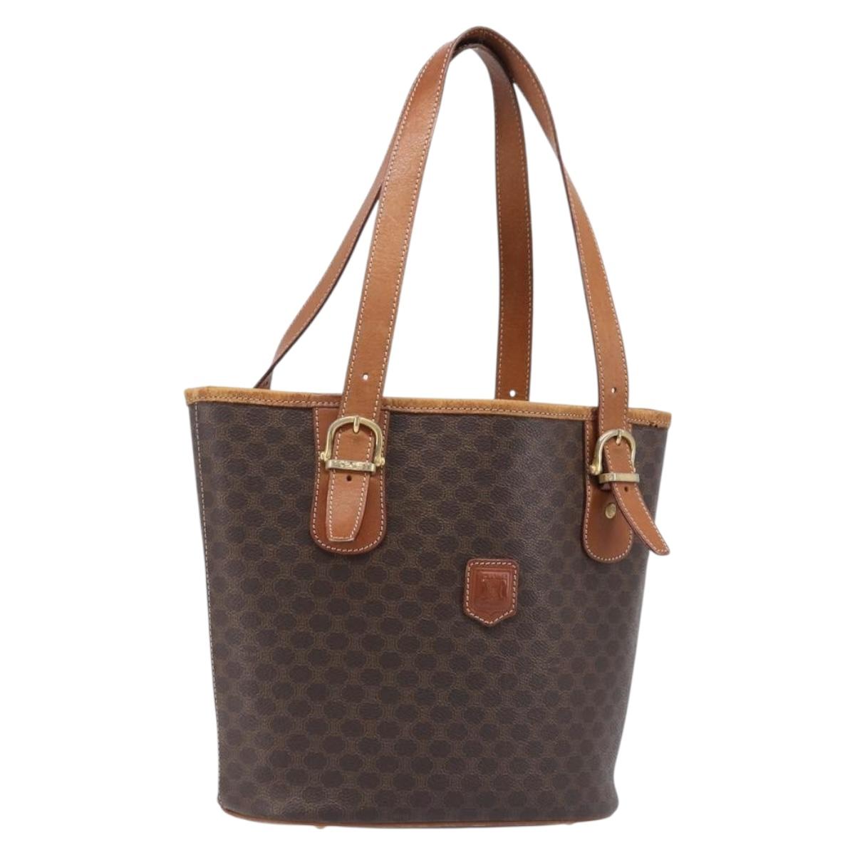 CELINE Macadam Tote Bag PVC Leather Brown Gold Tone Auth bs37063