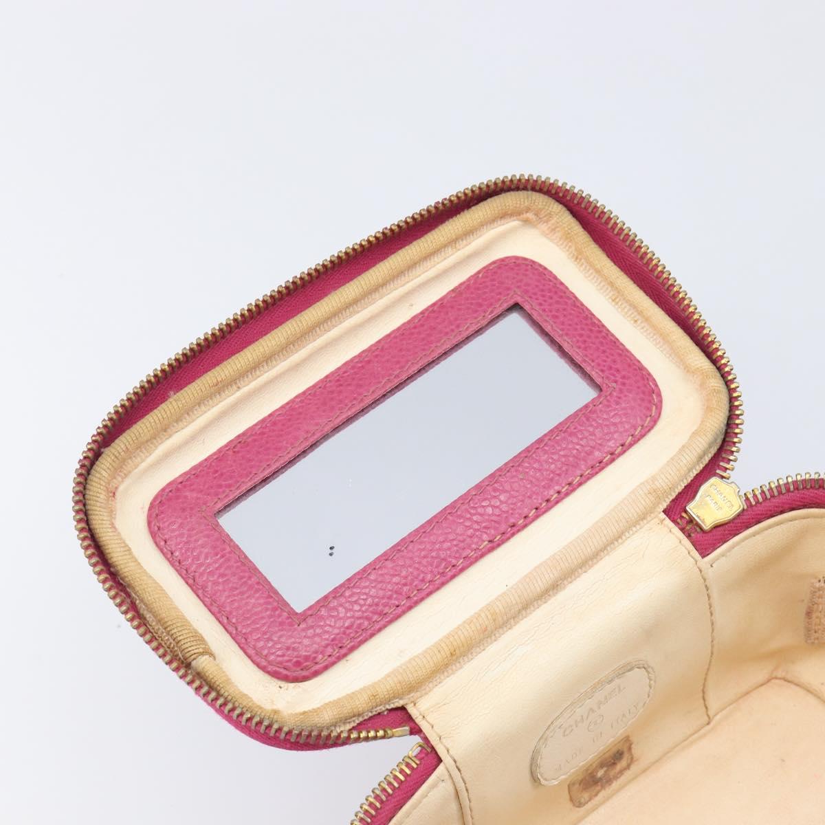 CHANEL Vanity Cosmetic Pouch Caviar Skin Pink Gold Tone CC Auth bs37065