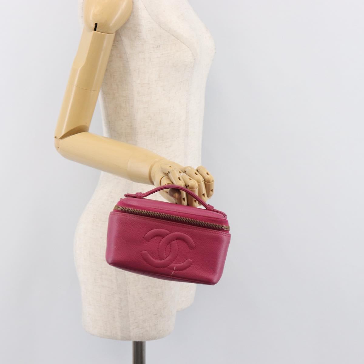 CHANEL Vanity Cosmetic Pouch Caviar Skin Pink Gold Tone CC Auth bs37065