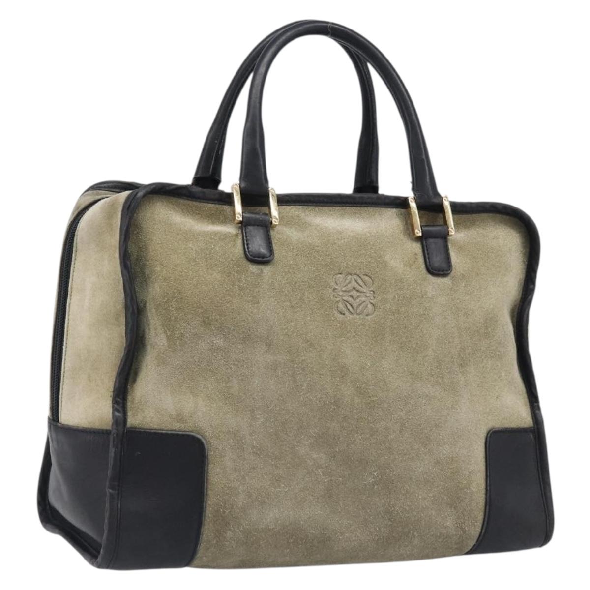 LOEWE Amazona 32 Hand Bag Suede Khaki Gold Tone Auth bs37068
