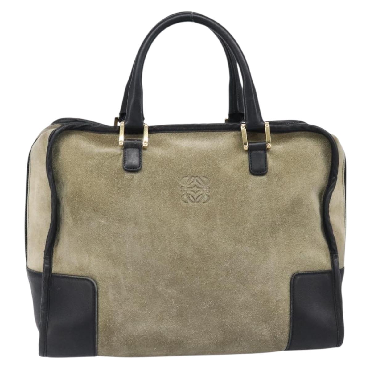 LOEWE Amazona 32 Hand Bag Suede Khaki Gold Tone Auth bs37068