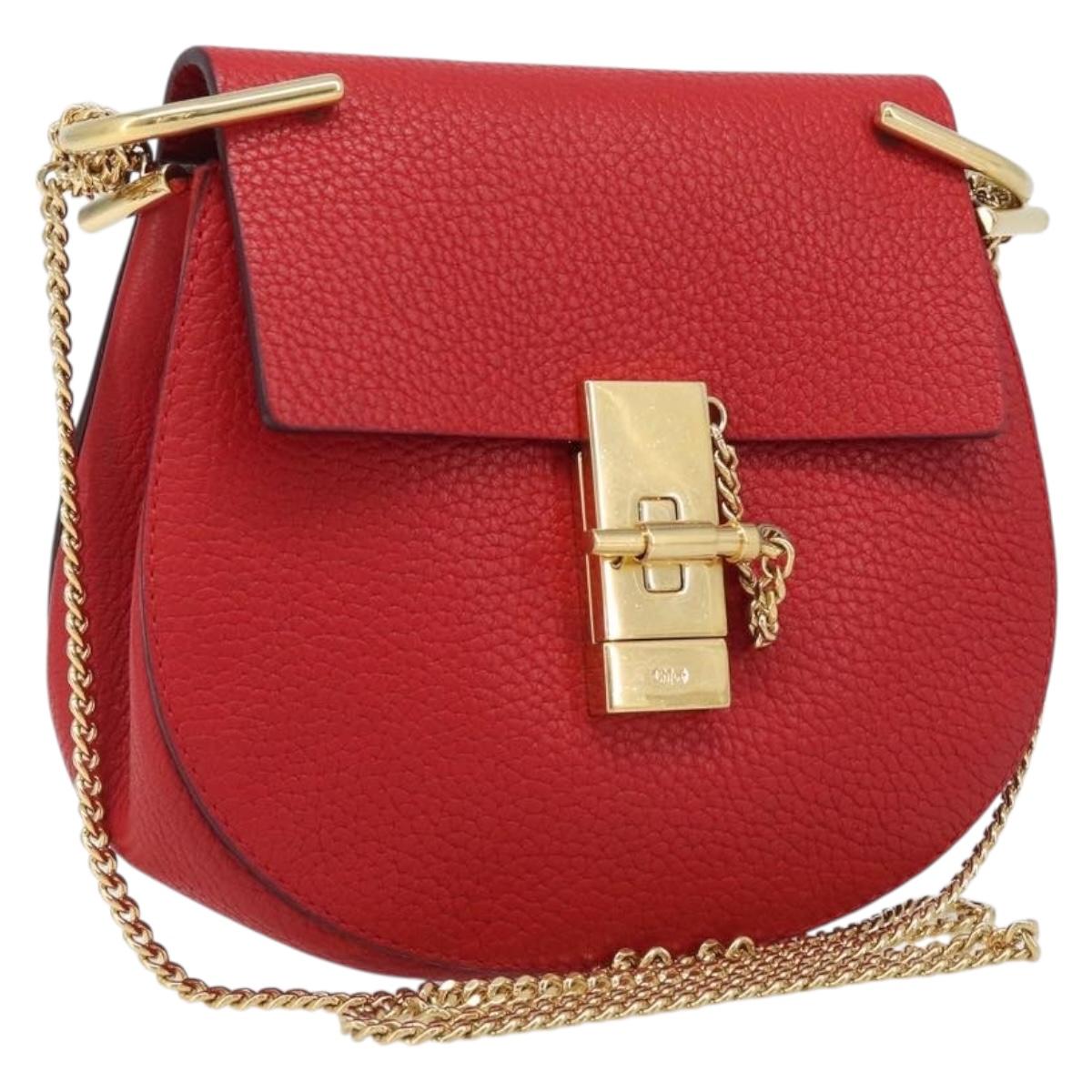 Chloe Drew Chain Shoulder Bag Leather Red Gold Tone Auth bs37070A