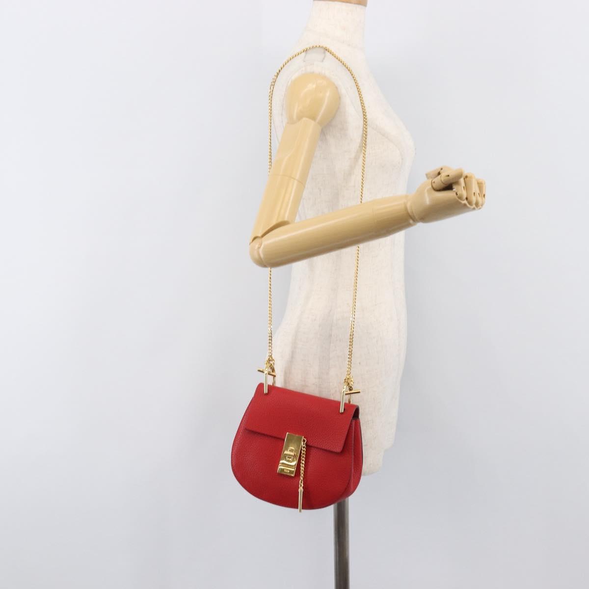 Chloe Drew Chain Shoulder Bag Leather Red Gold Tone Auth bs37070A