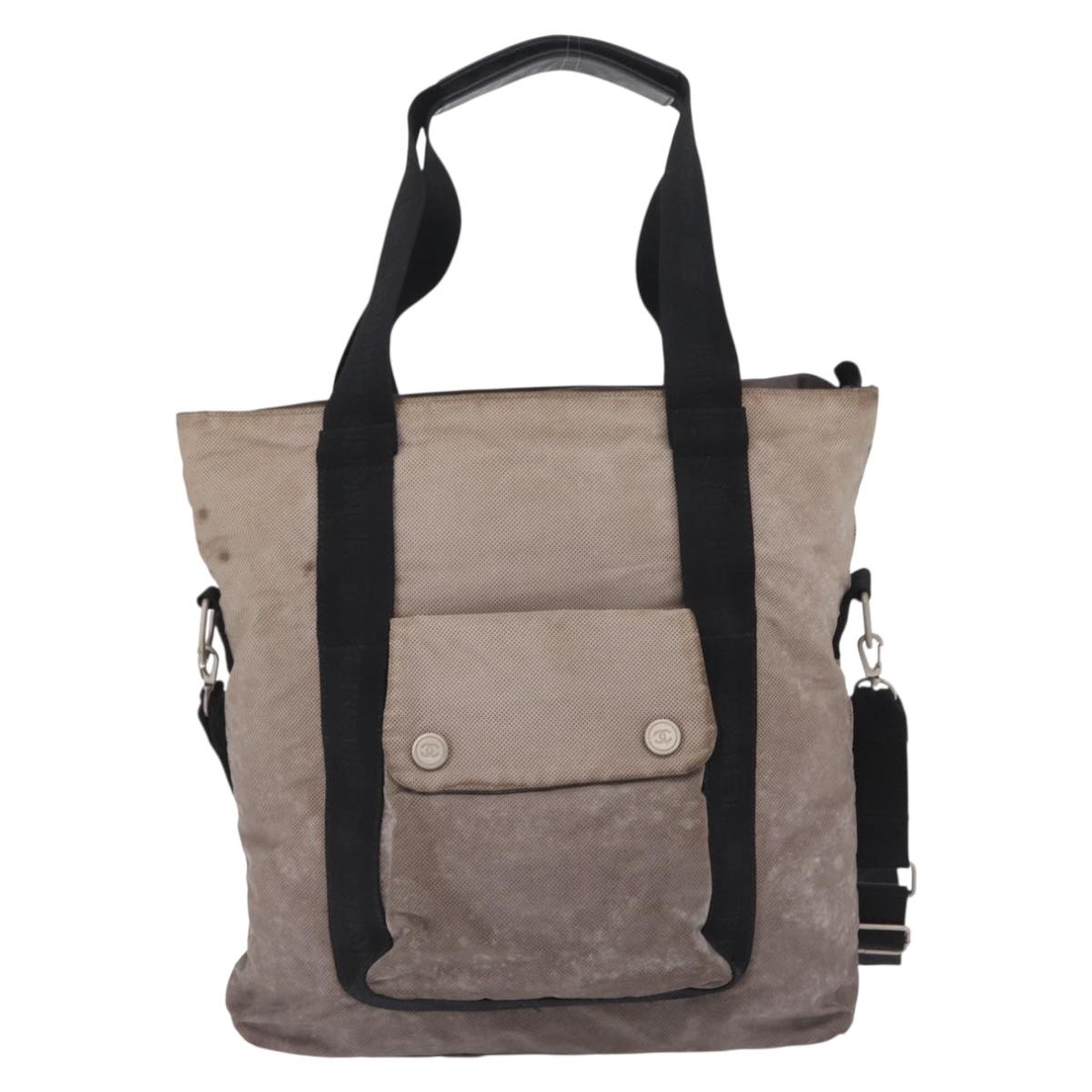 CHANEL Sports Line Tote Bag Canvas 2way Gray Silver CC Auth bs37077