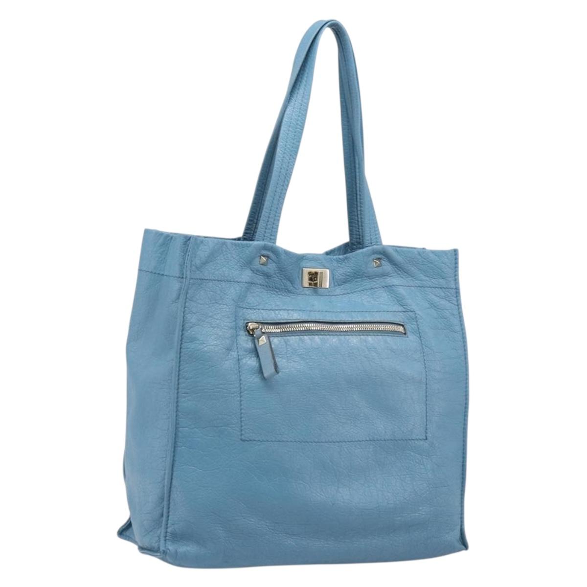 VALENTINO Tote Bag Leather Light Blue Gold Tone Auth bs37079