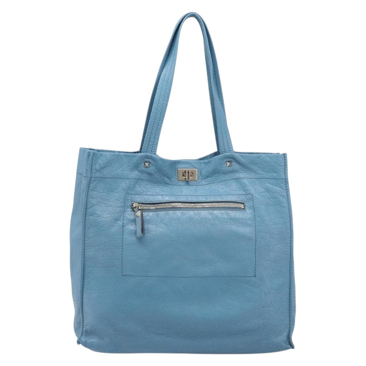 VALENTINO Tote Bag Leather Light Blue Gold Tone Auth bs37079