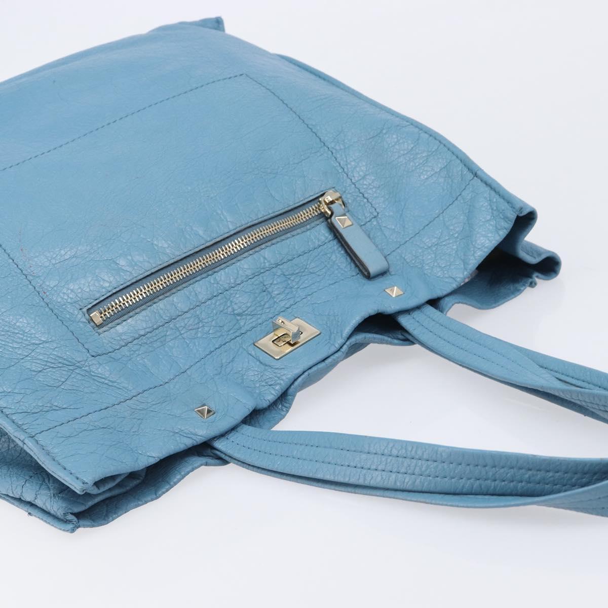 VALENTINO Tote Bag Leather Light Blue Gold Tone Auth bs37079