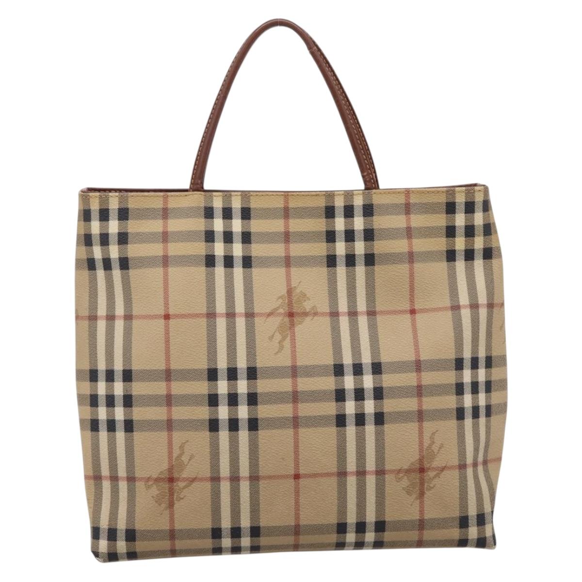BURBERRY Nova Check Hand Bag PVC Leather Beige Auth bs37101