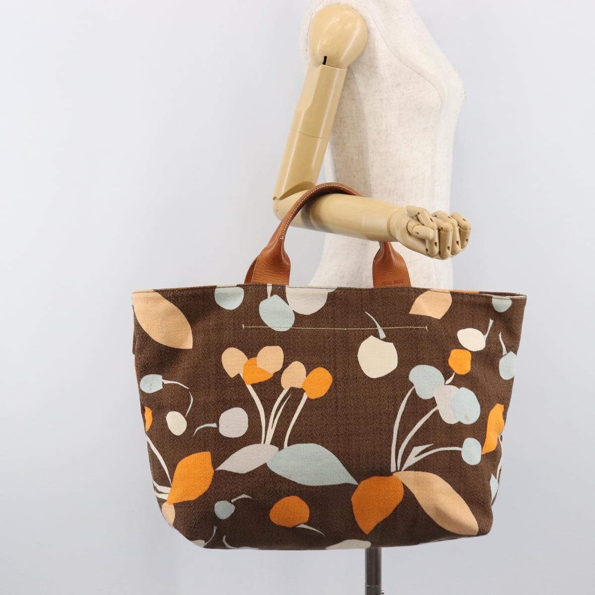 Miu Miu Tote Bag Canvas Brown Gold Tone Auth bs37123