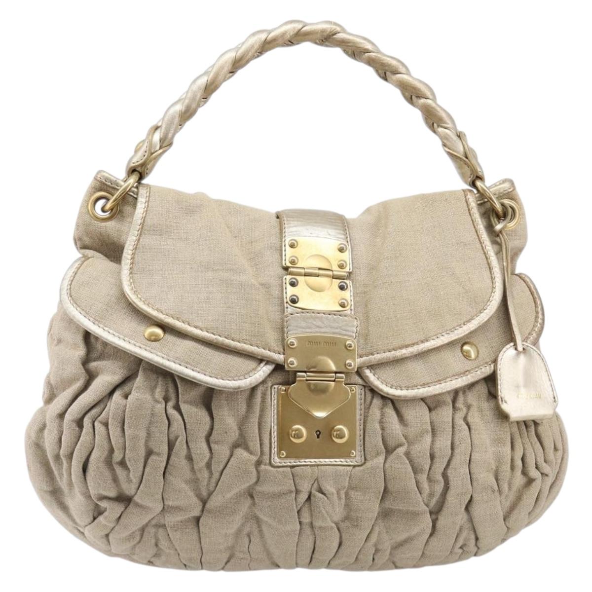 Miu Miu Matelasse Hand Bag Canvas Beige Gold Tone Auth bs37124
