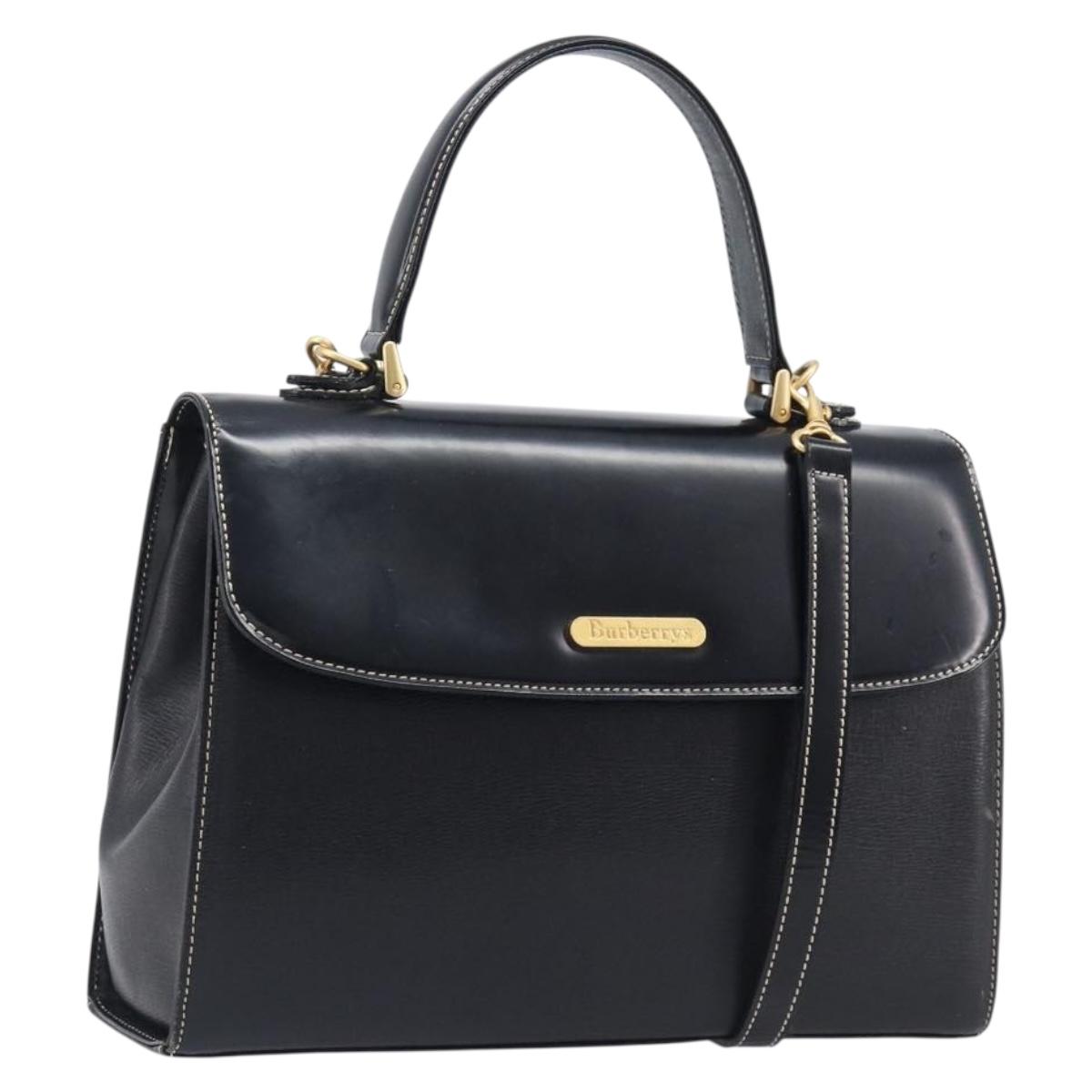 Burberrys Hand Bag Leather 2way Black Gold Tone Auth bs37125
