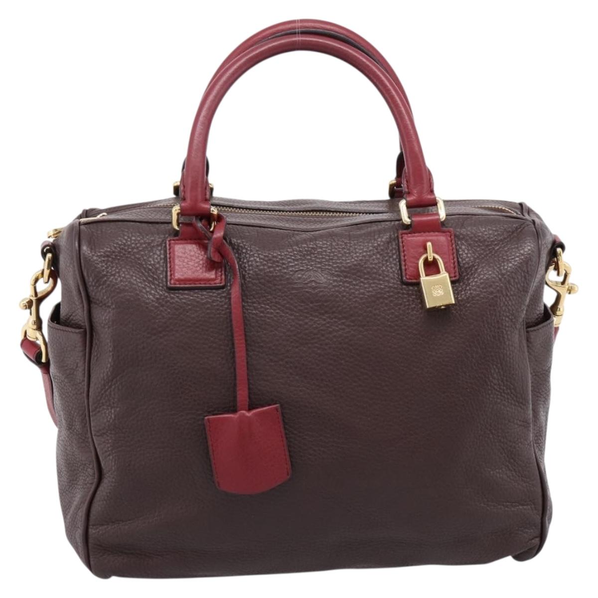 LOEWE Hand Bag Leather 2way Bordeaux Gold Tone Auth bs37128A