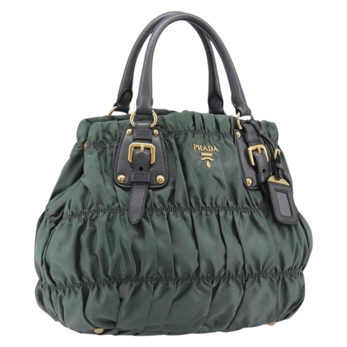PRADA Hand Bag Nylon Green Gold Tone Auth bs37141A
