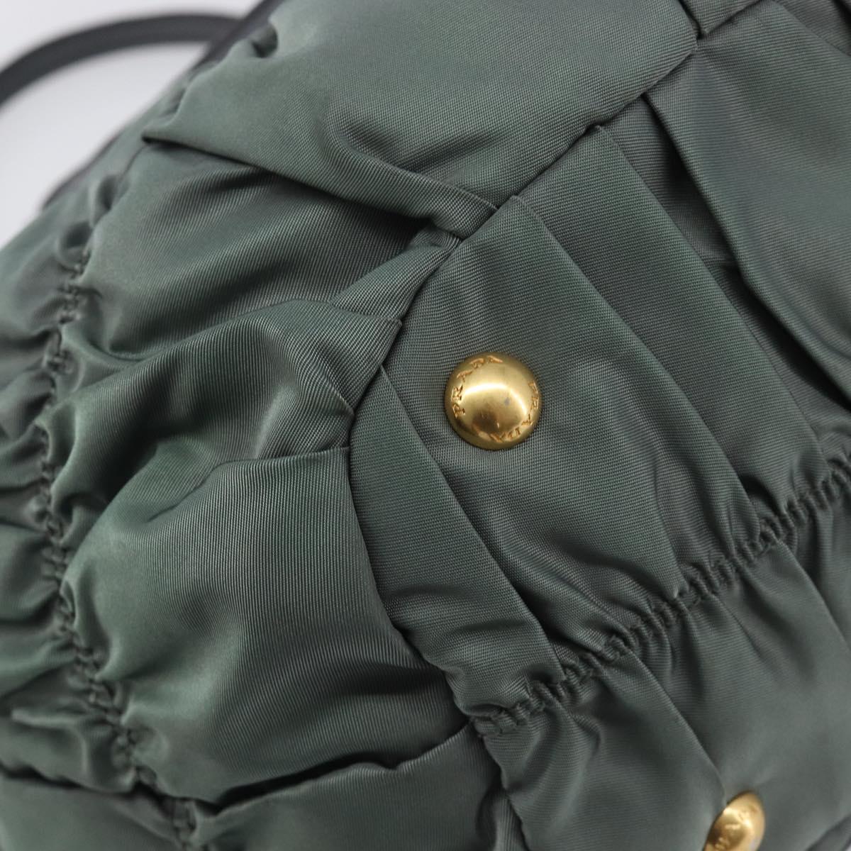 PRADA Hand Bag Nylon Green Gold Tone Auth bs37141A