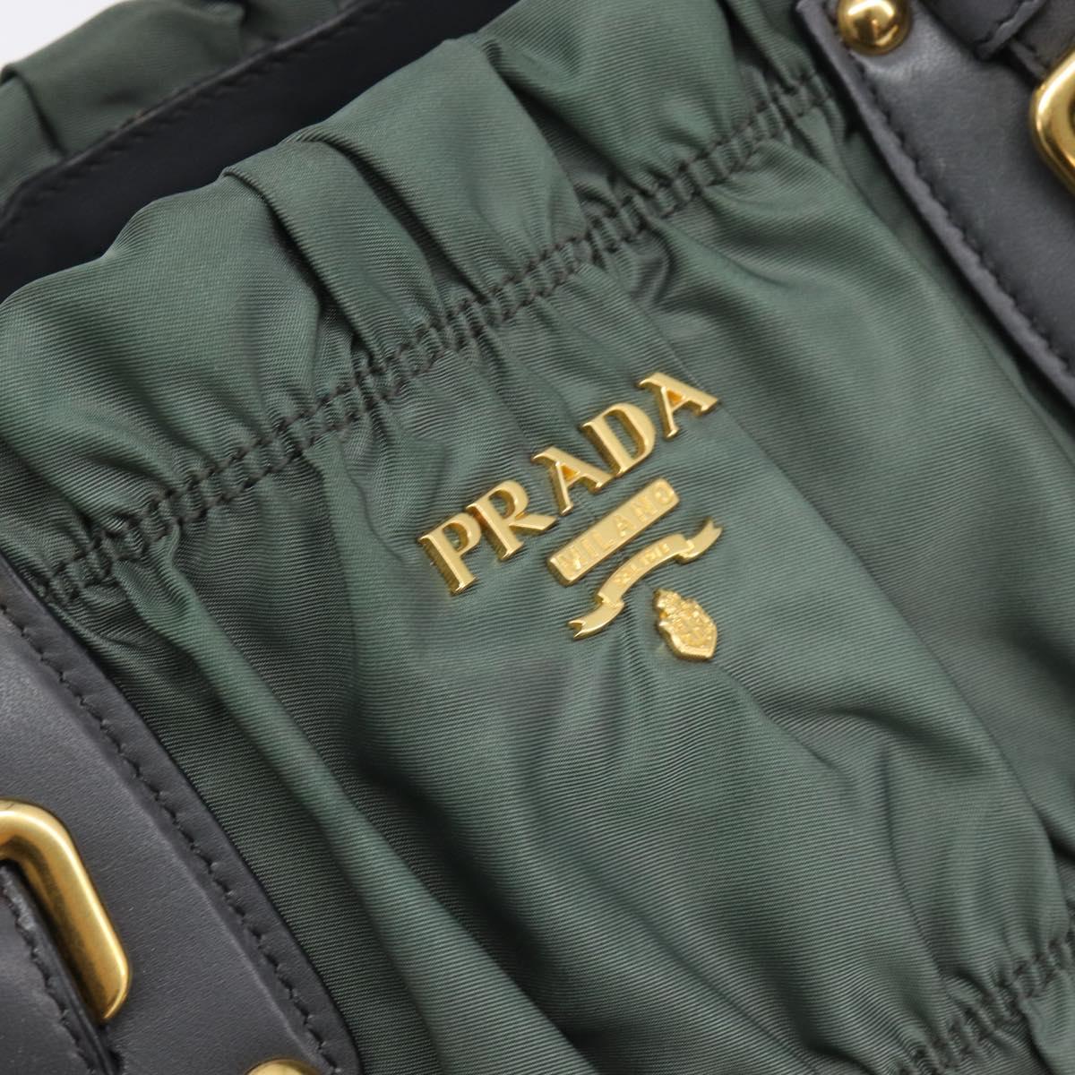 PRADA Hand Bag Nylon Green Gold Tone Auth bs37141A