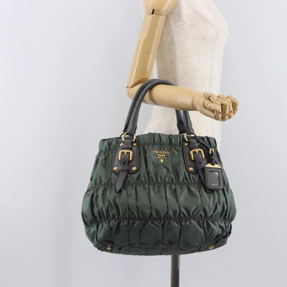 PRADA Hand Bag Nylon Green Gold Tone Auth bs37141A