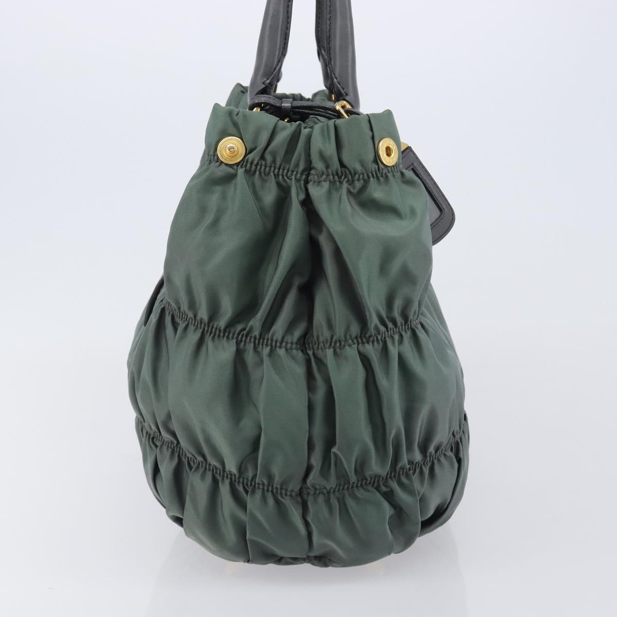 PRADA Hand Bag Nylon Green Gold Tone Auth bs37141A