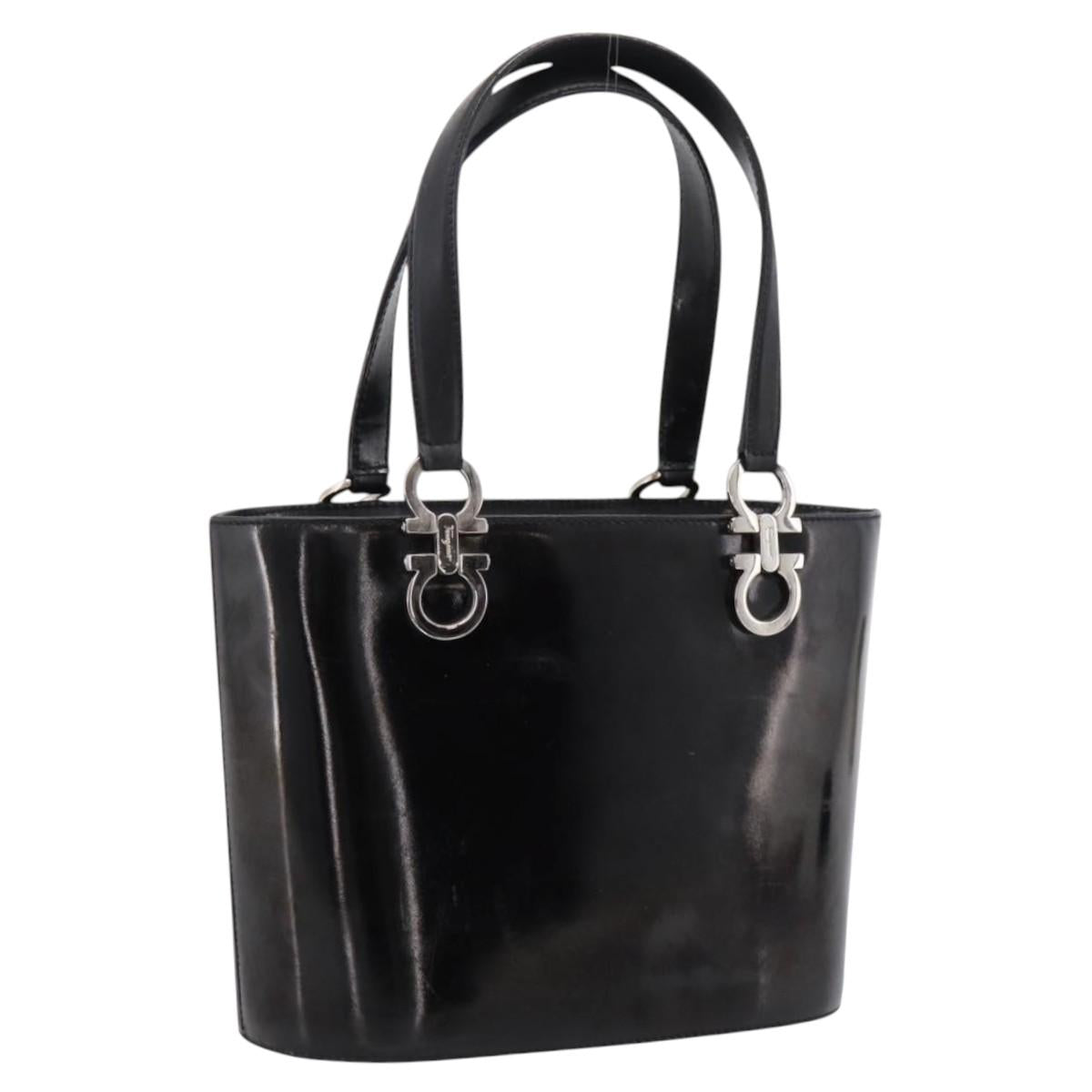 Salvatore Ferragamo Gancini Hand Bag patent Black Silver Auth bs37143