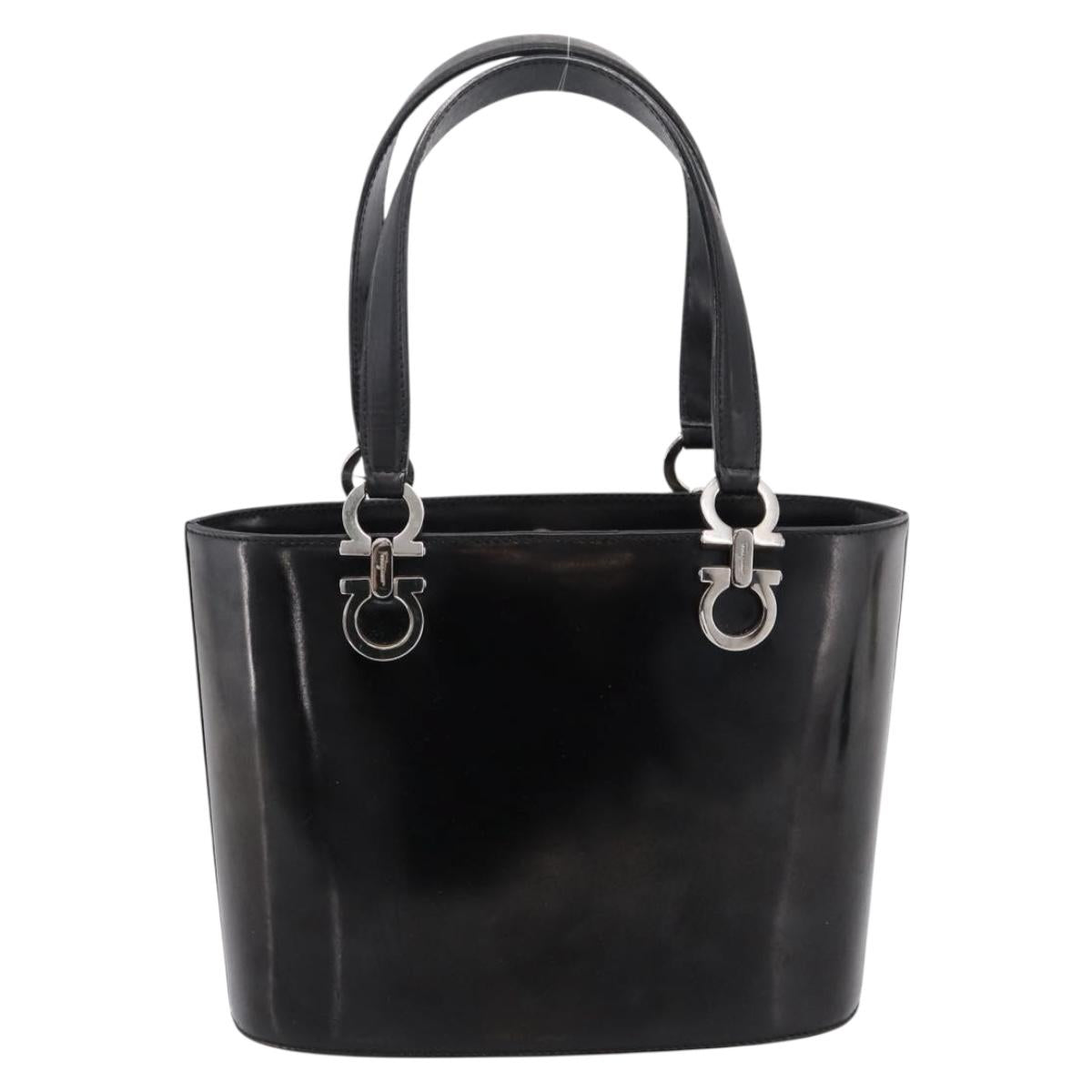 Salvatore Ferragamo Gancini Hand Bag patent Black Silver Auth bs37143