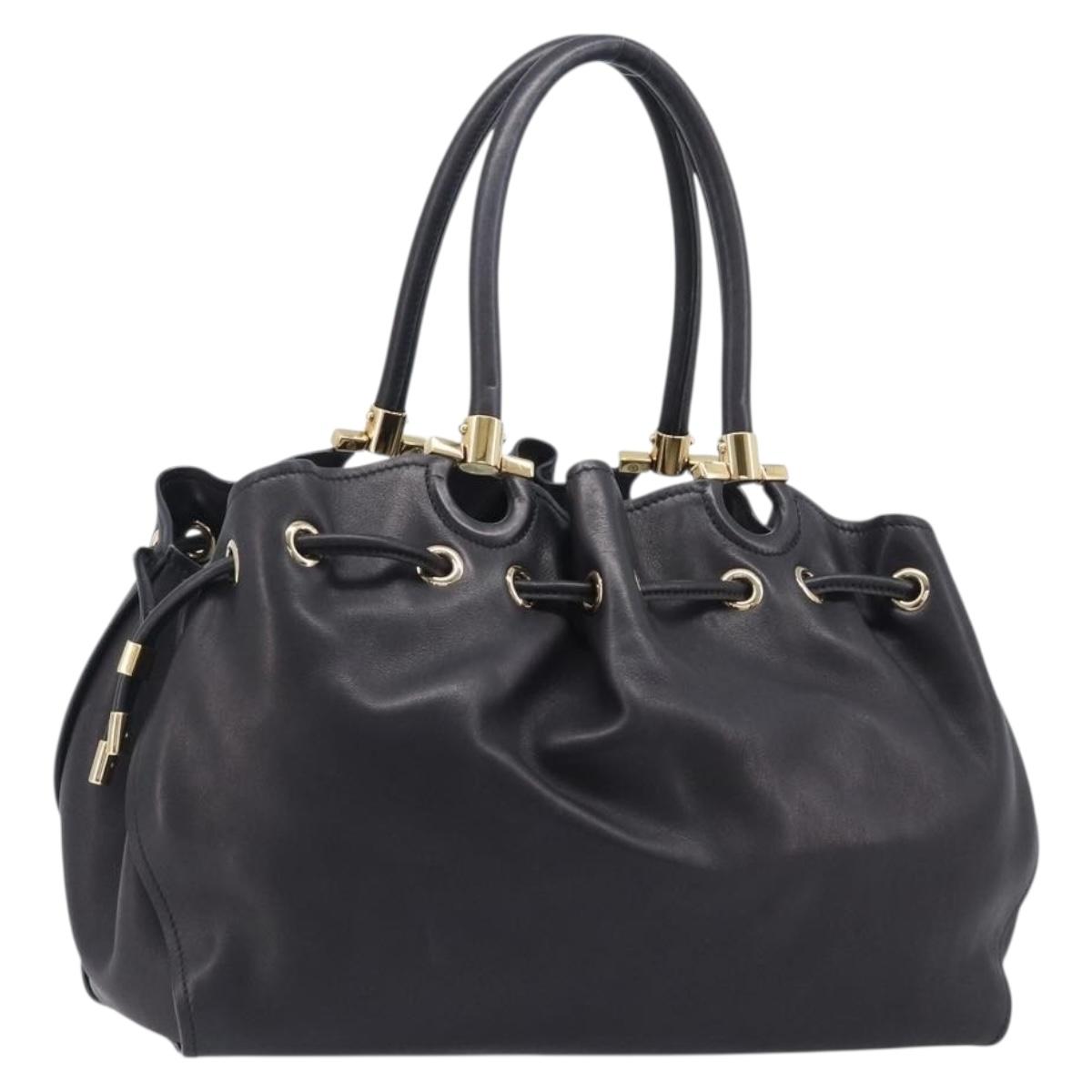 Salvatore Ferragamo Gancini Hand Bag Leather Black Gold Tone Auth bs37144V