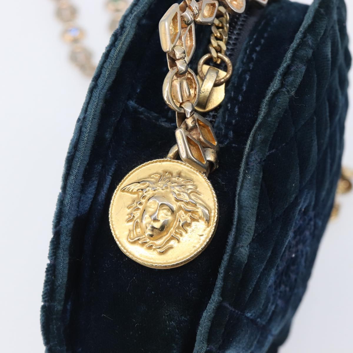 Gianni Versace Chain Shoulder Bag Velor Navy Gold Tone Auth bs37150