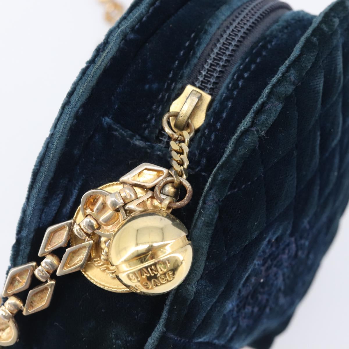Gianni Versace Chain Shoulder Bag Velor Navy Gold Tone Auth bs37150