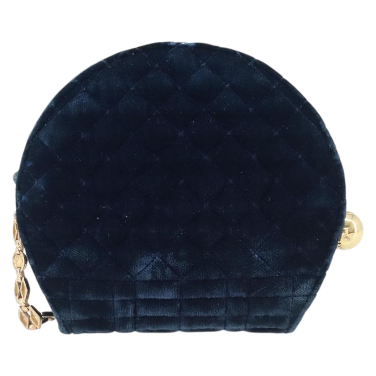 Gianni Versace Chain Shoulder Bag Velor Navy Gold Tone Auth bs37150