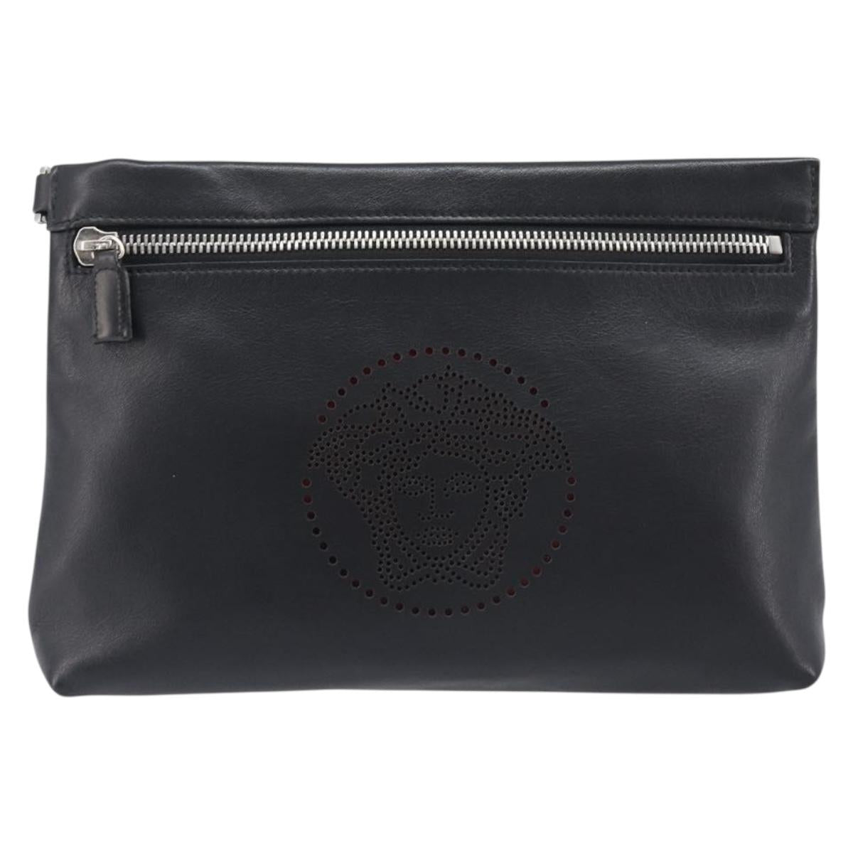 VERSACE Clutch Bag Leather Black Silver Auth bs37152A