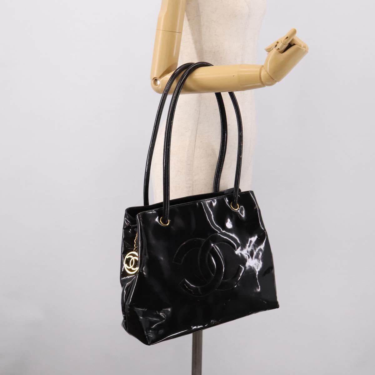 CHANEL COCO Mark Tote Bag Patent Black Gold Tone CC Auth bs37158