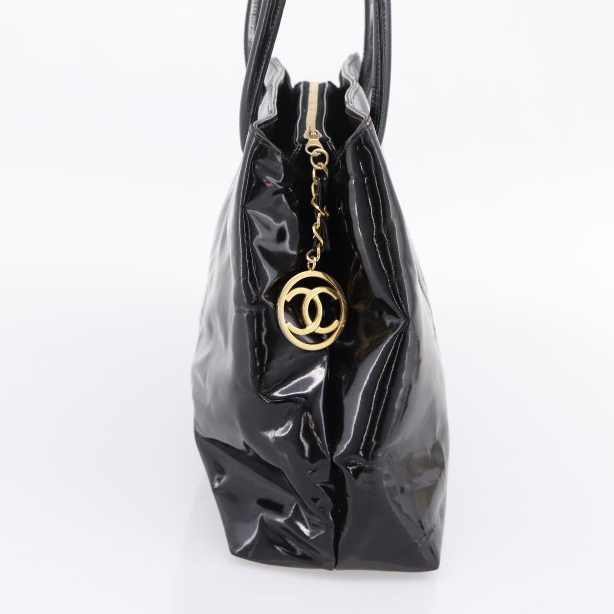 CHANEL COCO Mark Tote Bag Patent Black Gold Tone CC Auth bs37158