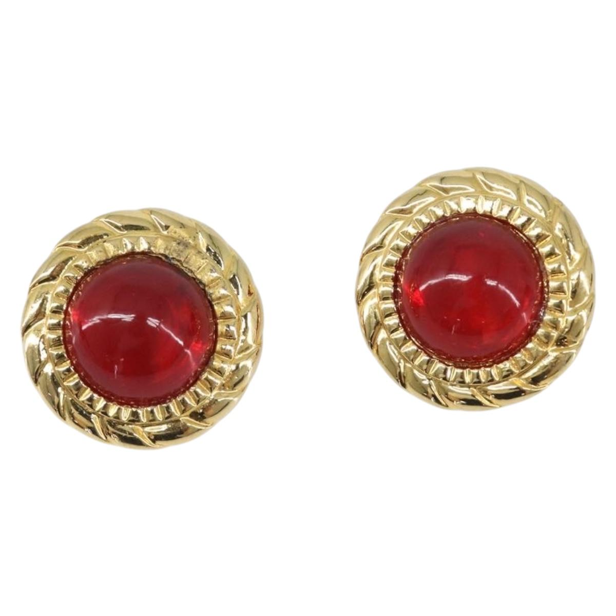 CHANEL Earring Metal Gold Tone Red CC Auth bs37169
