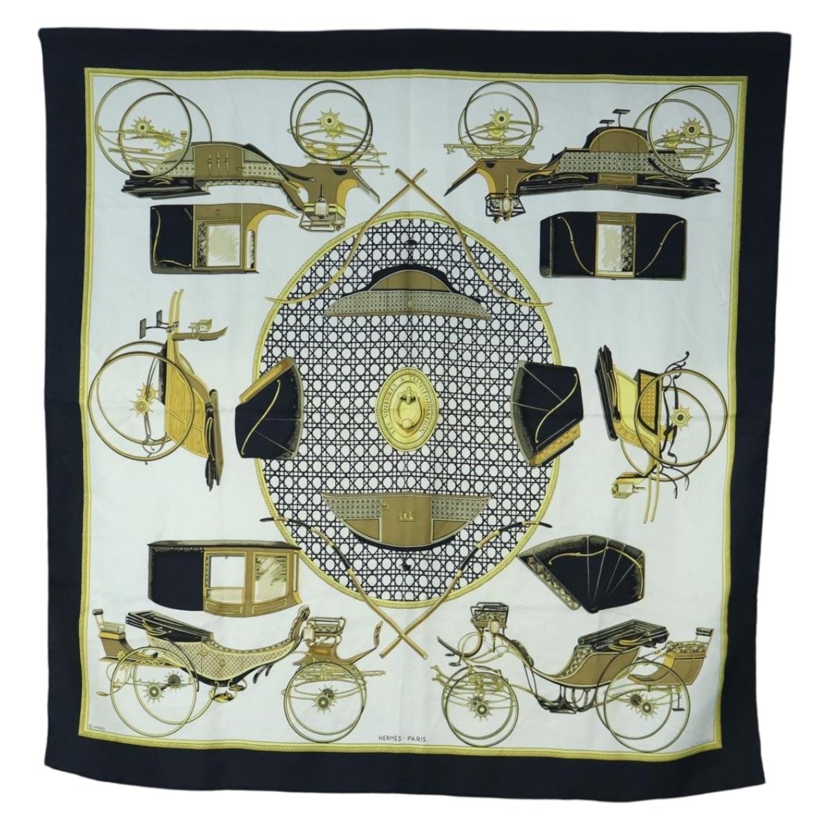 HERMES Carre 90 Scarf Silk Black White Auth bs37175