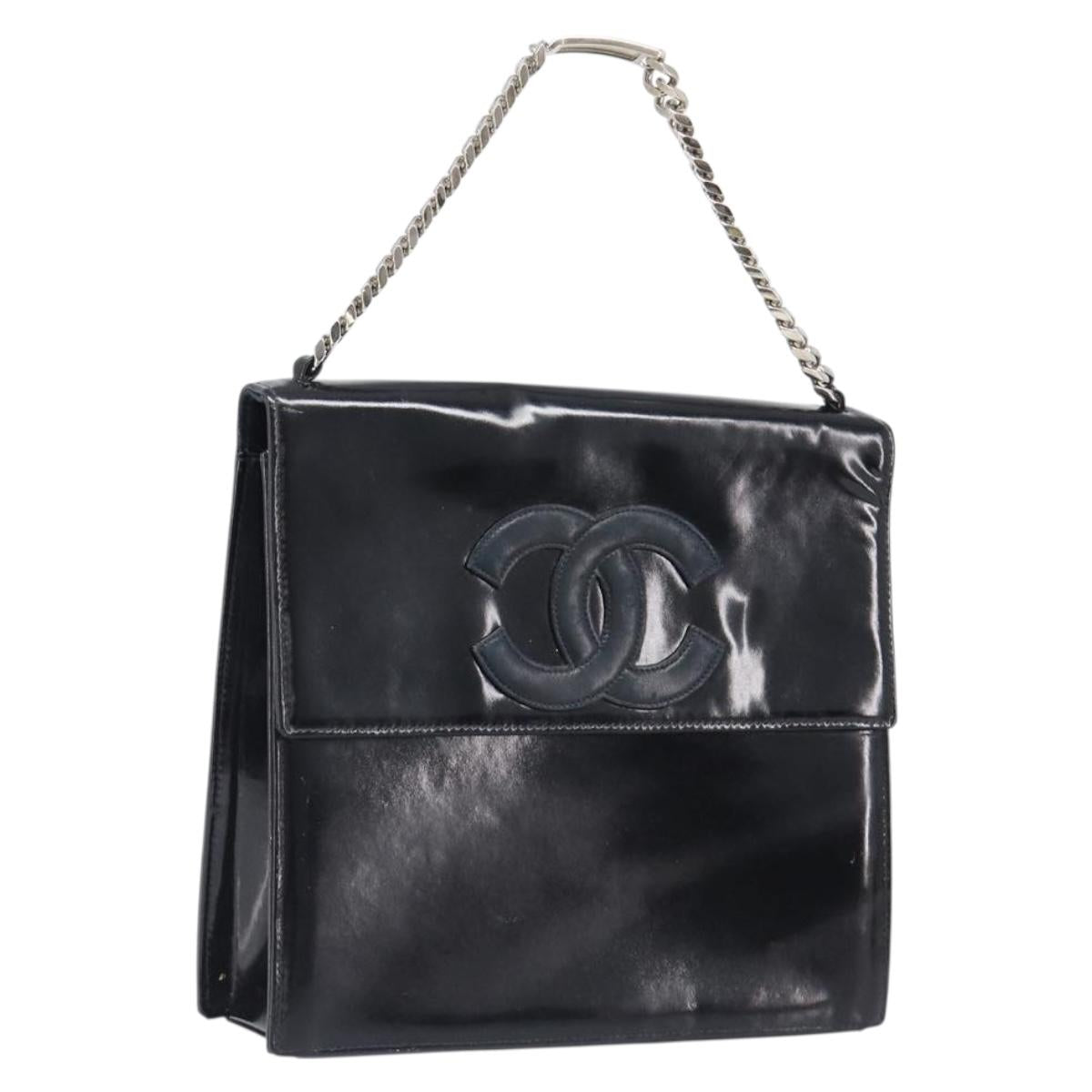 CHANEL COCO Mark Chain Hand Bag Patent leather Black Silver CC Auth bs37188