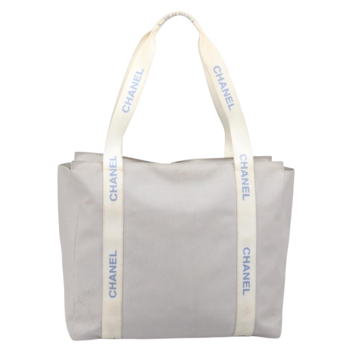 CHANEL Sports Tote Bag Nylon Gray Silver CC Auth bs37193