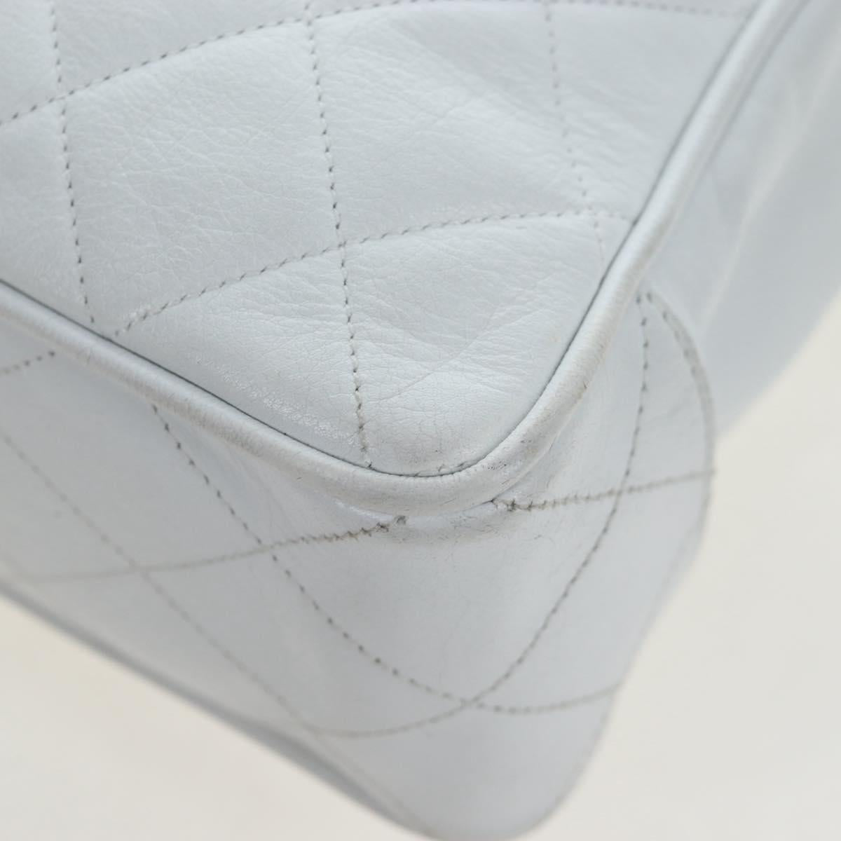 CHANEL Matelasse Chain Shoulder Bag Lamb Skin White Gold CC Auth bs37211