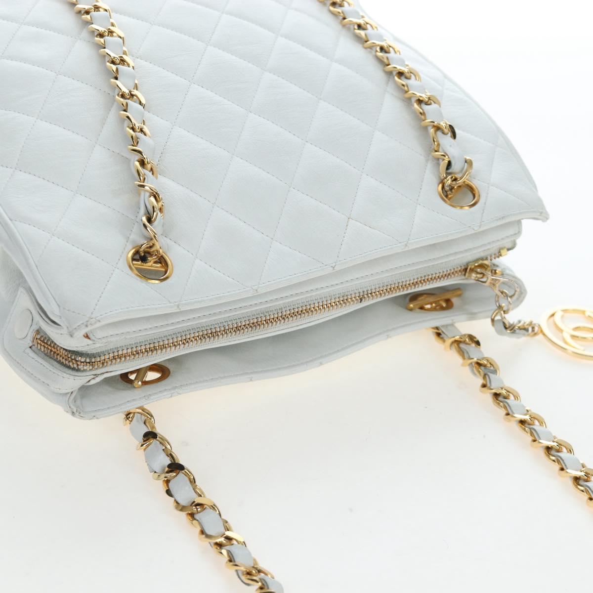 CHANEL Matelasse Chain Shoulder Bag Lamb Skin White Gold CC Auth bs37211