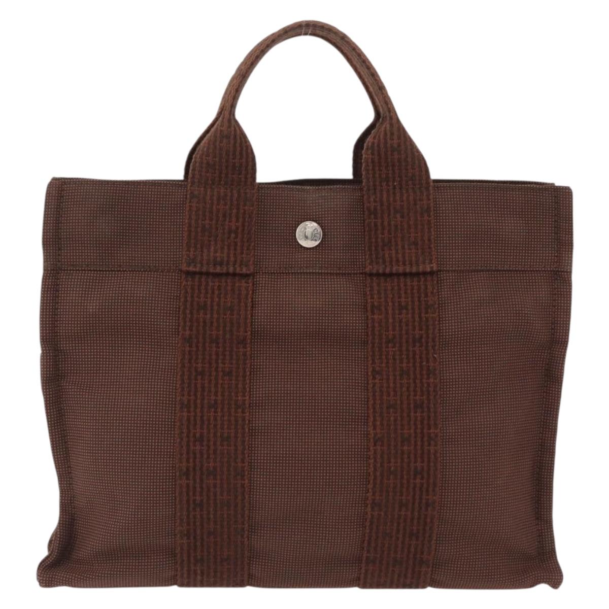 HERMES Her Line Tote PM Tote Bag Canvas Brown Silver Auth bs37214