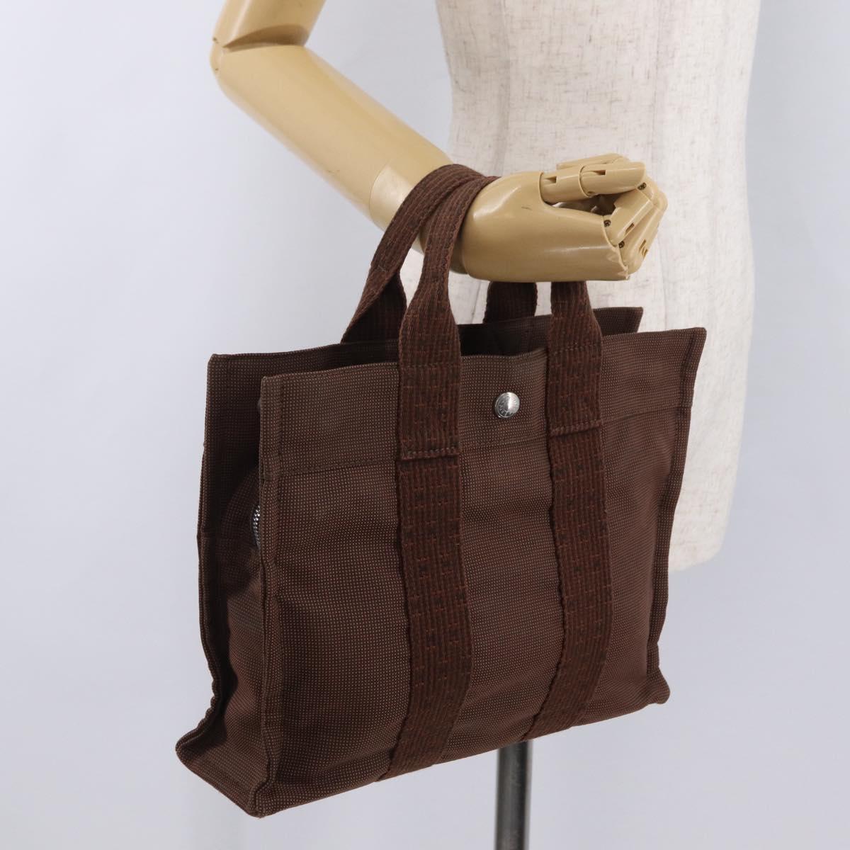 HERMES Her Line Tote PM Tote Bag Canvas Brown Silver Auth bs37214